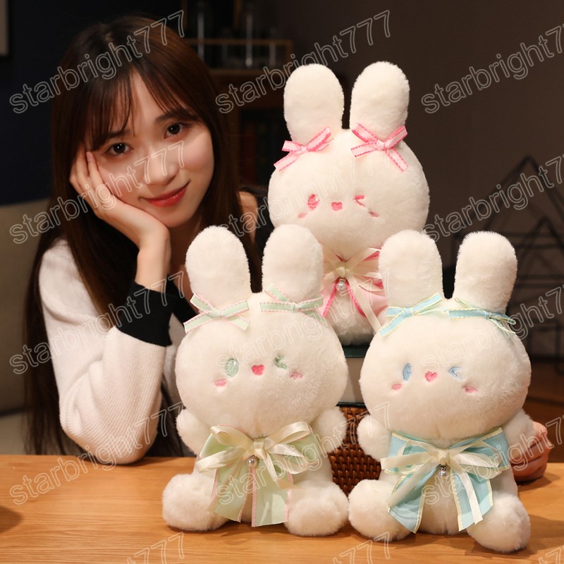 30cm Kawaii Plush Rabbit Dolls vestidos de fita de coques de coelho