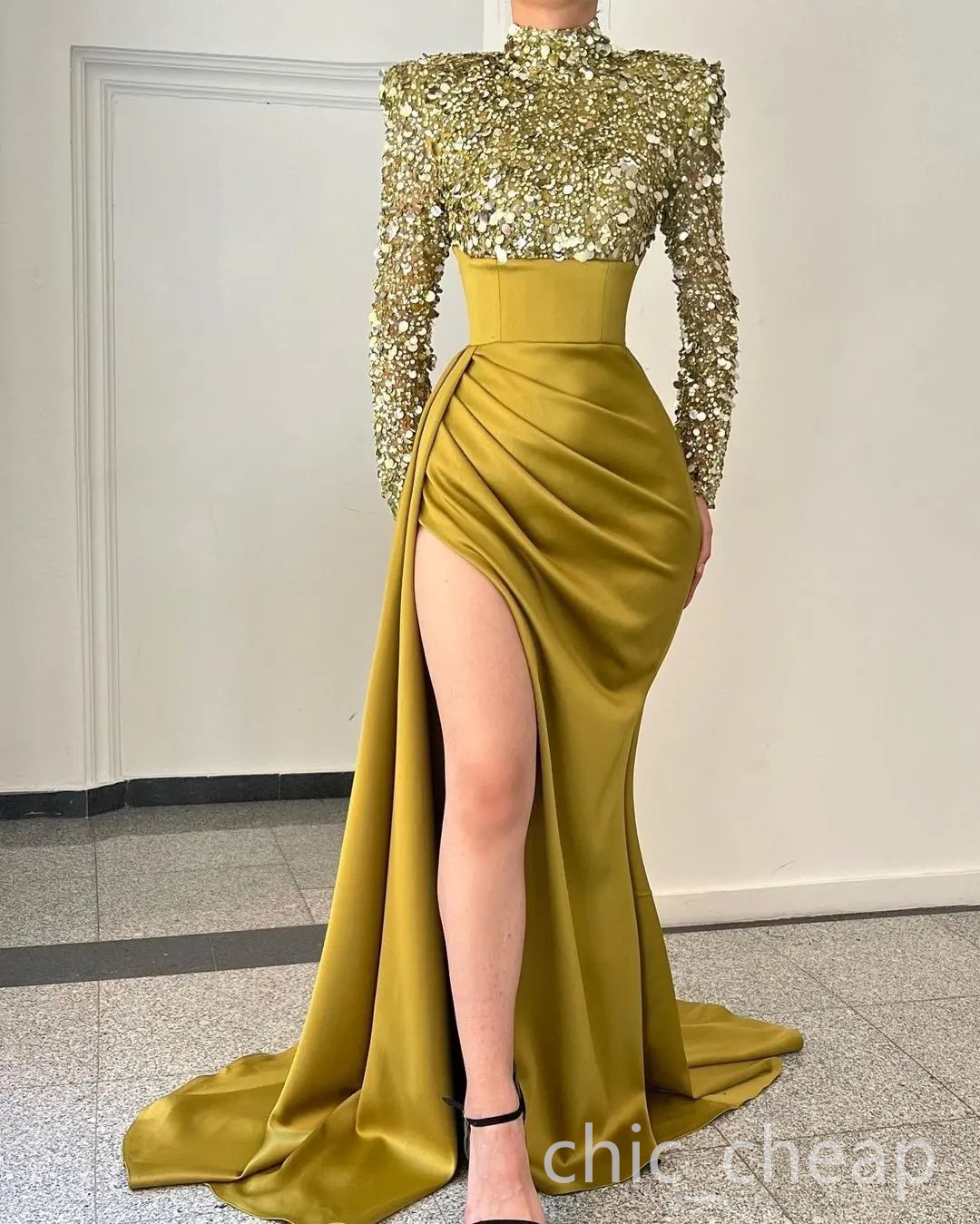 2022 아랍어 ASO EBI Mermaid Gold Prom 드레스 등이없는 스팽글 레이스 저녁 공식 파티 두 번째 리셉션 생일 약혼 신부 들러리 가운 드레스 ZJ405
