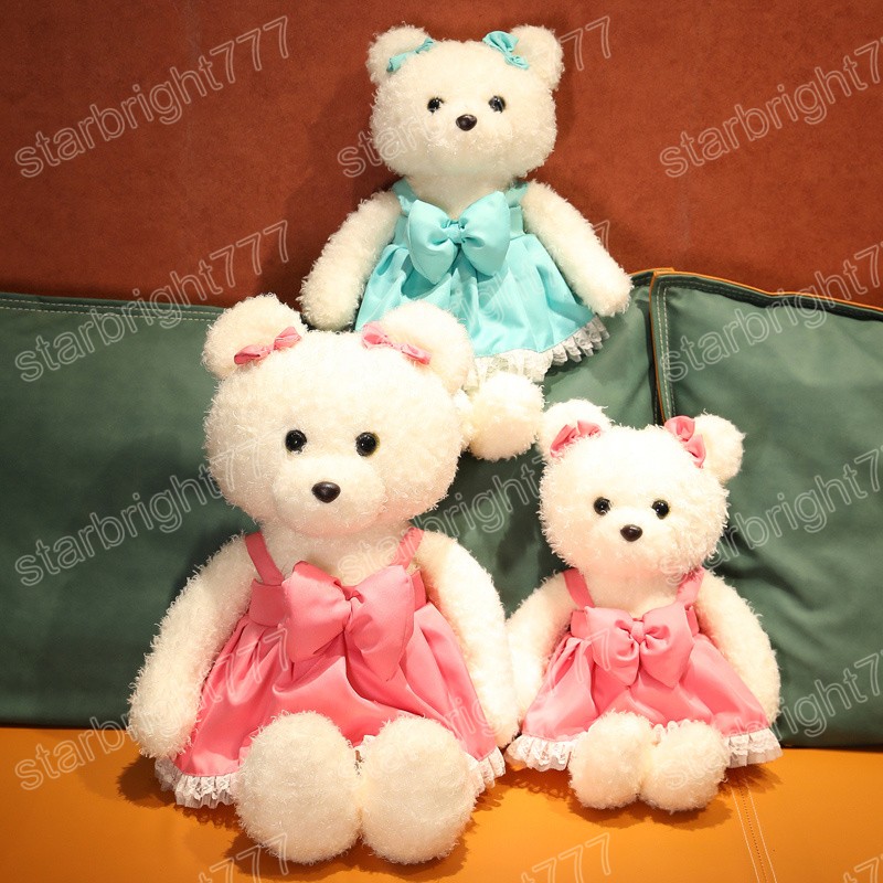 35/45 cm Kawaii peluche cheveux bouclés ours en peluche jouets mignon ours avec nœud jarretelle robe oreiller peluche doux poupées filles cadeaux