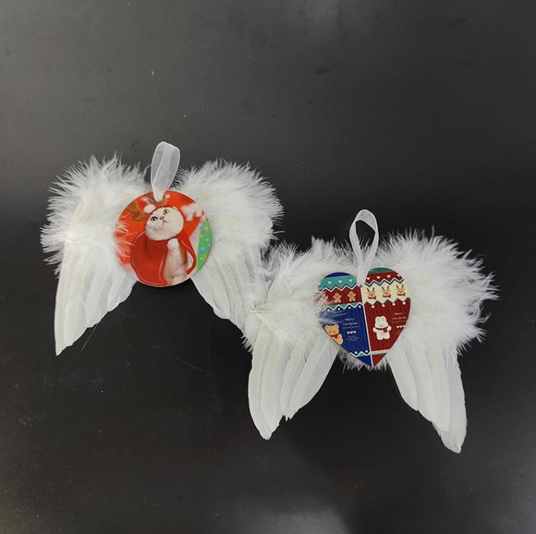 Heat Transfer Angel Wings Christmas Decoration Feathers Pendant Round And Heart Double-layer DIY Christmas Tree Hanging Tag SN5011