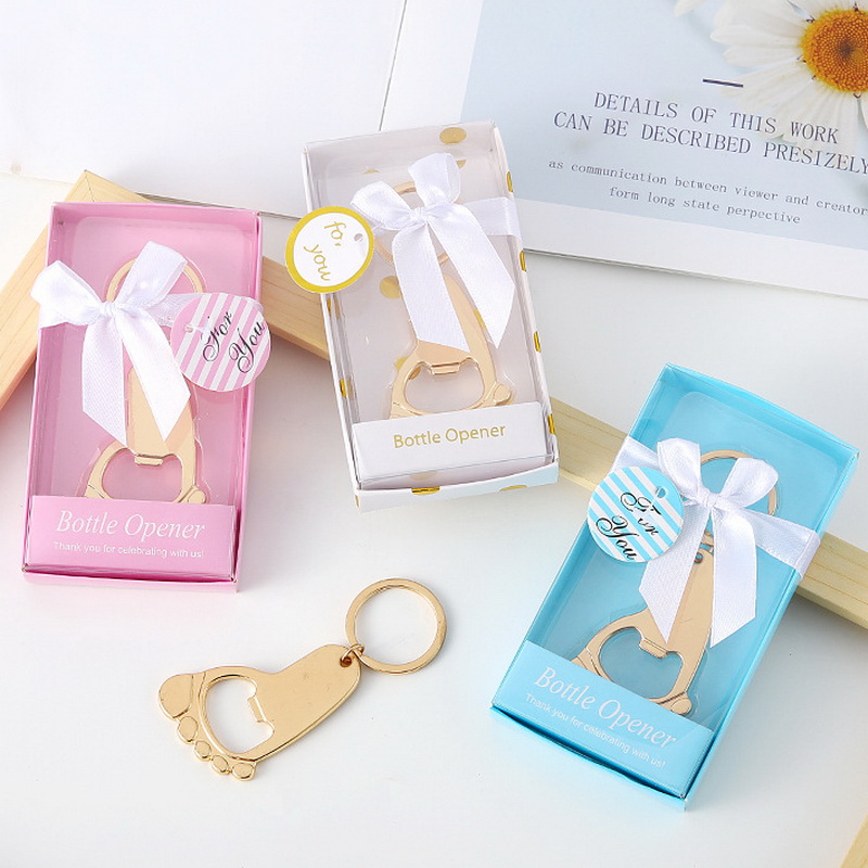 Wholesales Birthday Party Supplies Creative Baby Feet Design Gold Metal Bottle Opener Key Ring in Gift Box Baby Shower Favors Christening Souvenir