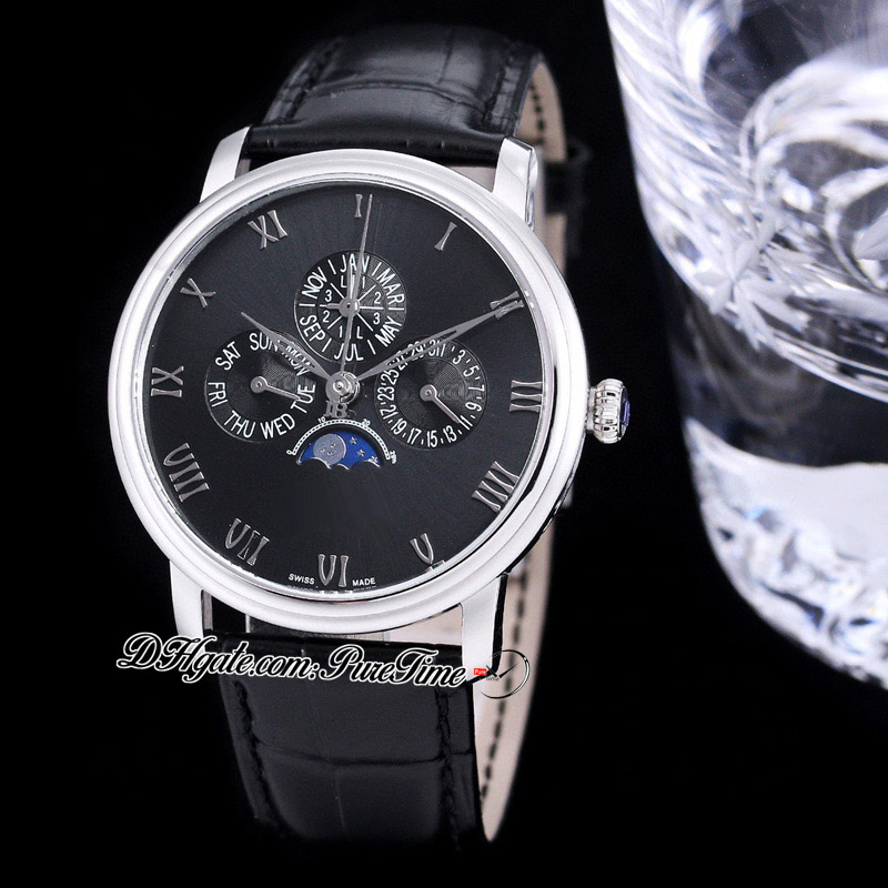 Villeret Quantieme Perpetuel 6656 A5954 자동 남성 시계 TWF 스틸 케이스 블랙 다이얼 실버 로마 마커 가죽 스트랩 슈퍼 에디션 Puretime B2