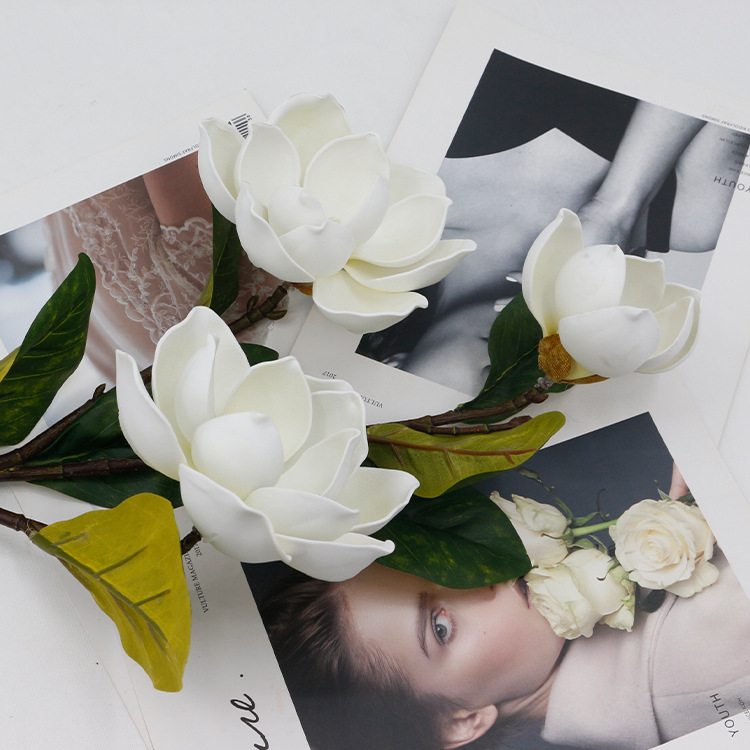 Bruiloft decoratieve bloemen 3 hoofden pe magnolia bloem kunstmatige bloemen