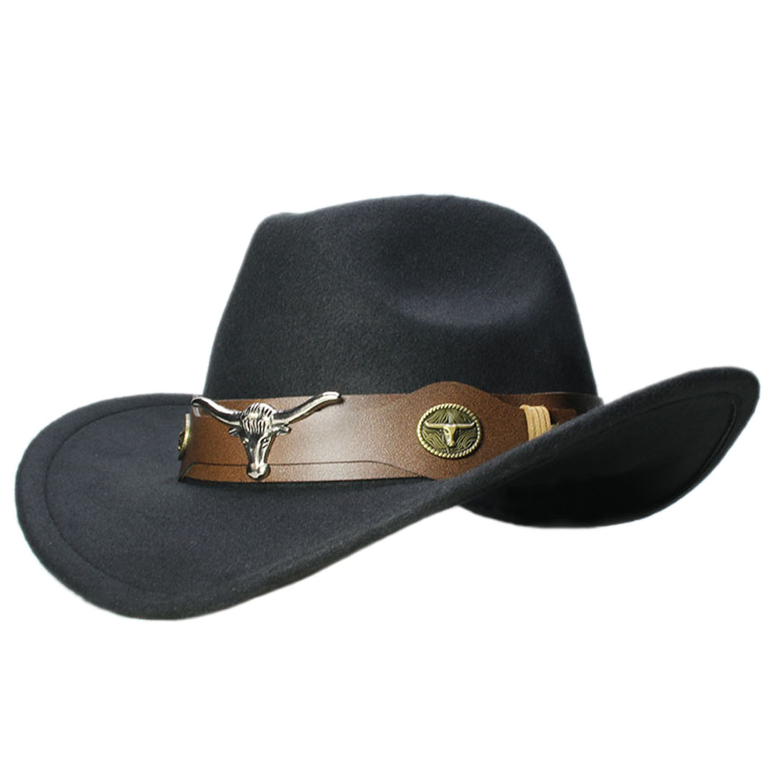 Western Style Cowboy Hat Cowgirl Cap Wide Brim with Bull Skull Leather Belt for Women and Men