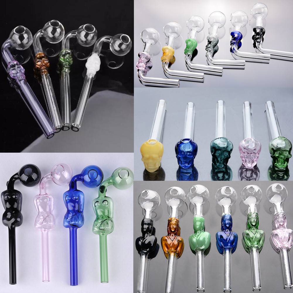 Colorful Gass Hookah Skull Smoke Handle Pipe Curved Mini Smoking Pipes Hand Blown Recycler Oil Burner