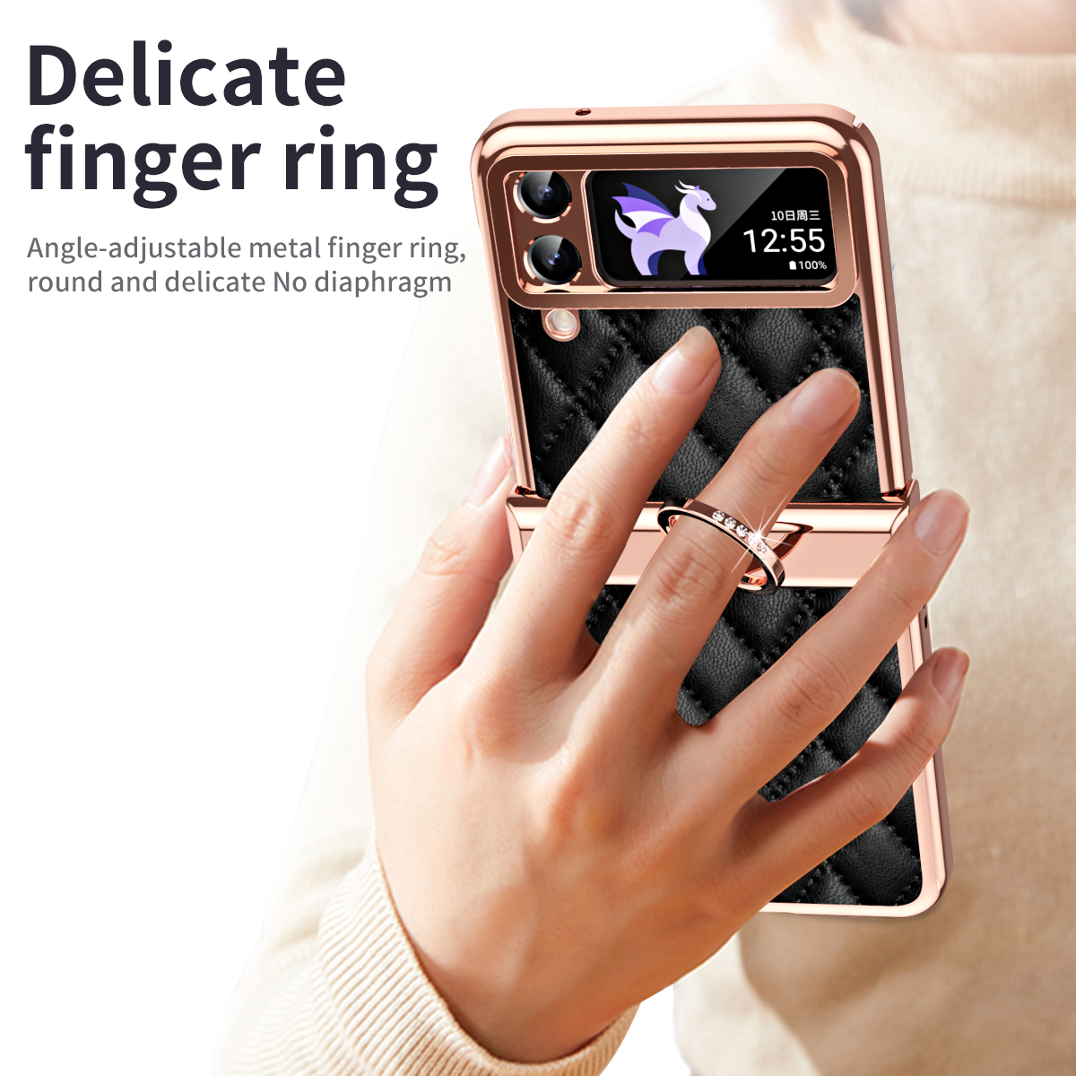Samsung Galaxy Z Flip 3 4 5 Flip4 Flip5ケース電気めっきレザースタンドハードプロテクションカバーのリングヒンジ