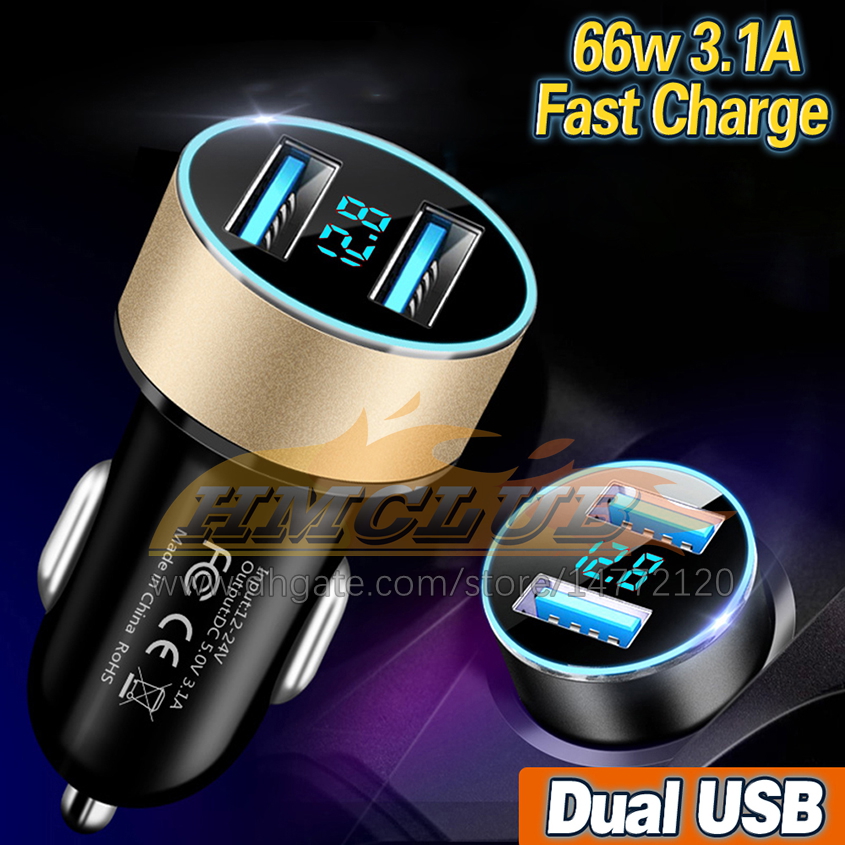 CC143 66W 3.1A Cargador de coche súper rápido USB dual Adaptador QC3.0 Pantalla digital LED Carga rápida para iPhone Xiaomi Samsung Huawei OPPO