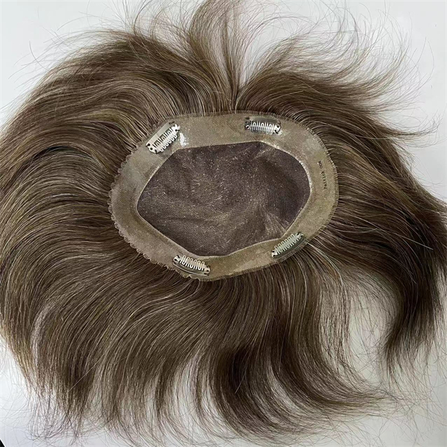 # 4 / Pezzo di capelli umani vergini brasiliani lisci setosi grigi 6x7.5 in pizzo pieno con toupee in PU uomo