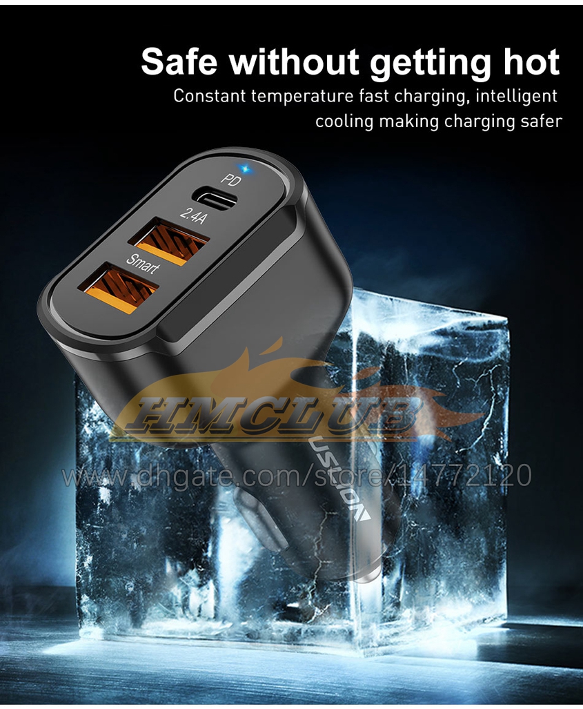 PD 30W USB-Autoladegerät 3 Anschlüsse USB Typ C Schnellladung für iPhone 12 Xiaomi Huawei Samsung Telefon Autoladeadapter im Autoladen Automobilelektronik Kostenloses Schiff