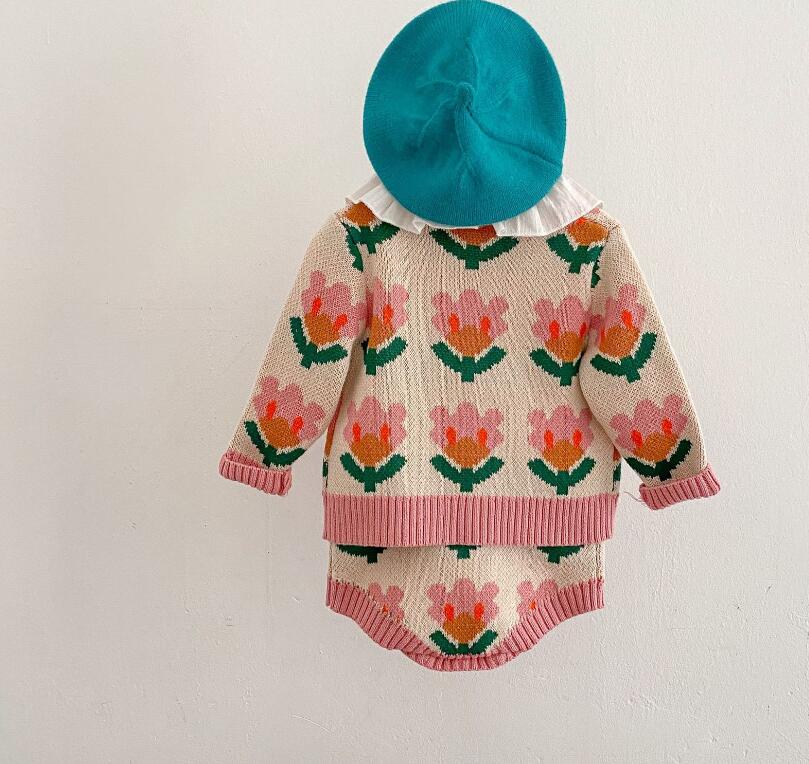 3M-2T INS Baby Girls Cardigan مع سترة متشابكة زهرة و Romper بنسبة 100 ٪ من القطن لفتاة ربيع الخريف الملابس 86073