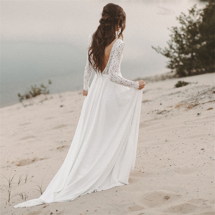 فستان زفاف شاطئ طويل الأكمام بوهو الخام