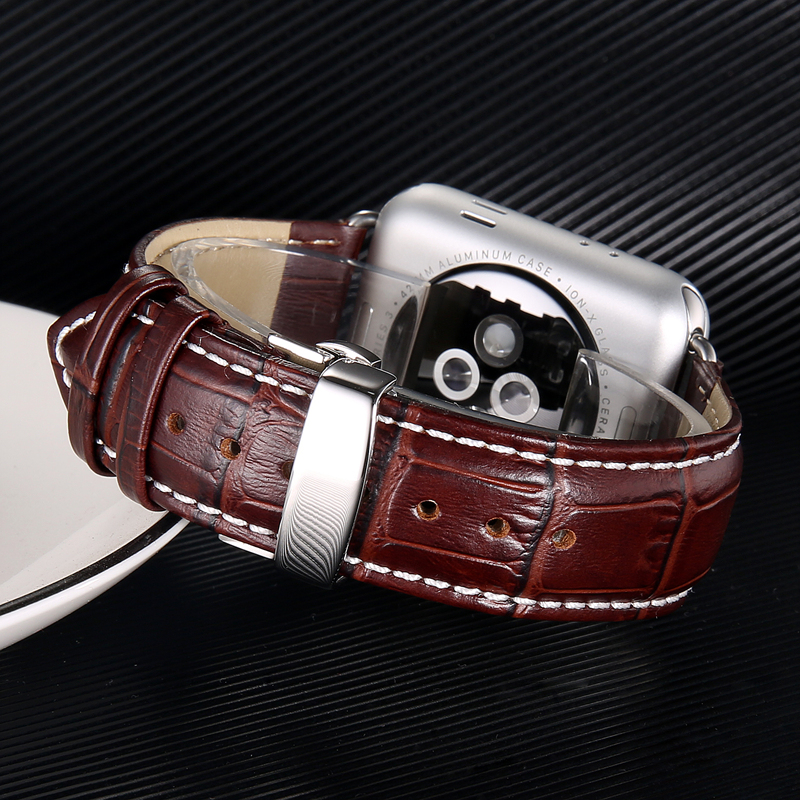 Bracelet en alligator pour iWatch Ultra 49mm Band Apple Watch 8 7 6 se 5 4 41mm 45mm 38mm 42mm série double boucle papillon boucle bracelets en cuir de crocodile