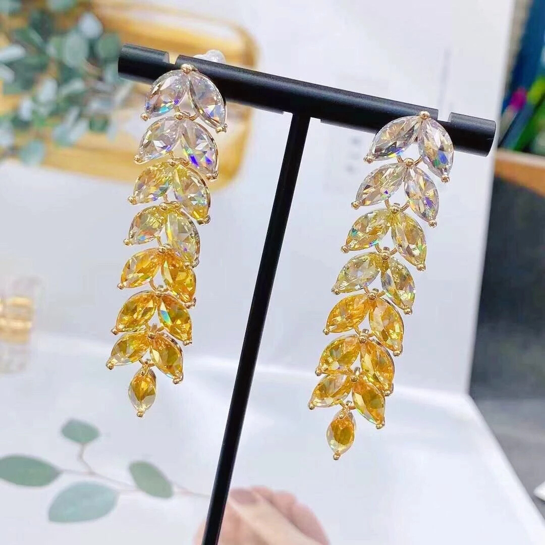 Dangle Chandelier New Luxury Marquise Yellow Zirconia arics arrings leaf flower flower arring arring arring for women الزفاف الزفاف المجوهرات