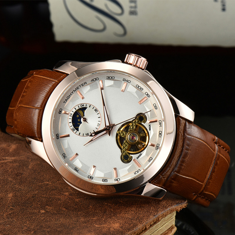 Top luxe merk heren automatisch mechanisch horloge zakelijke vrije tijd multifunctionele sun moon star tourbillon roestvrijstalen kast lederen horloges