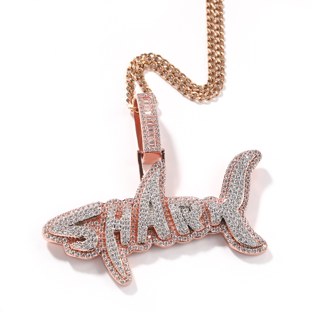 Hip Hop Shark Letters Pendant Necklace Jewelry for Women Men Real Gold Plated TopBling Zircon