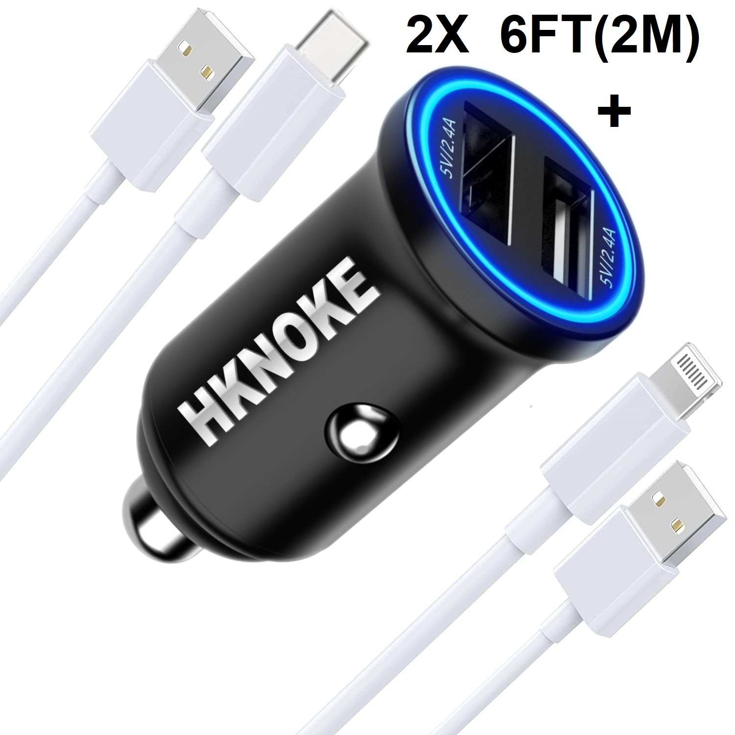 Hknoke Charger Sigartte Lighter USB 4.8A محول مقبس سريع iPhone Charger مع كابل 2 م 6 قدم للهاتف المحمول