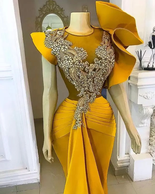 Plus Size Arabic Aso Ebi Yellow Mermaid Stylish Prom Dresses Lace Beaded Crystals Evening Formal Party Second Reception Bridesmaid Gowns Dress ZJ336