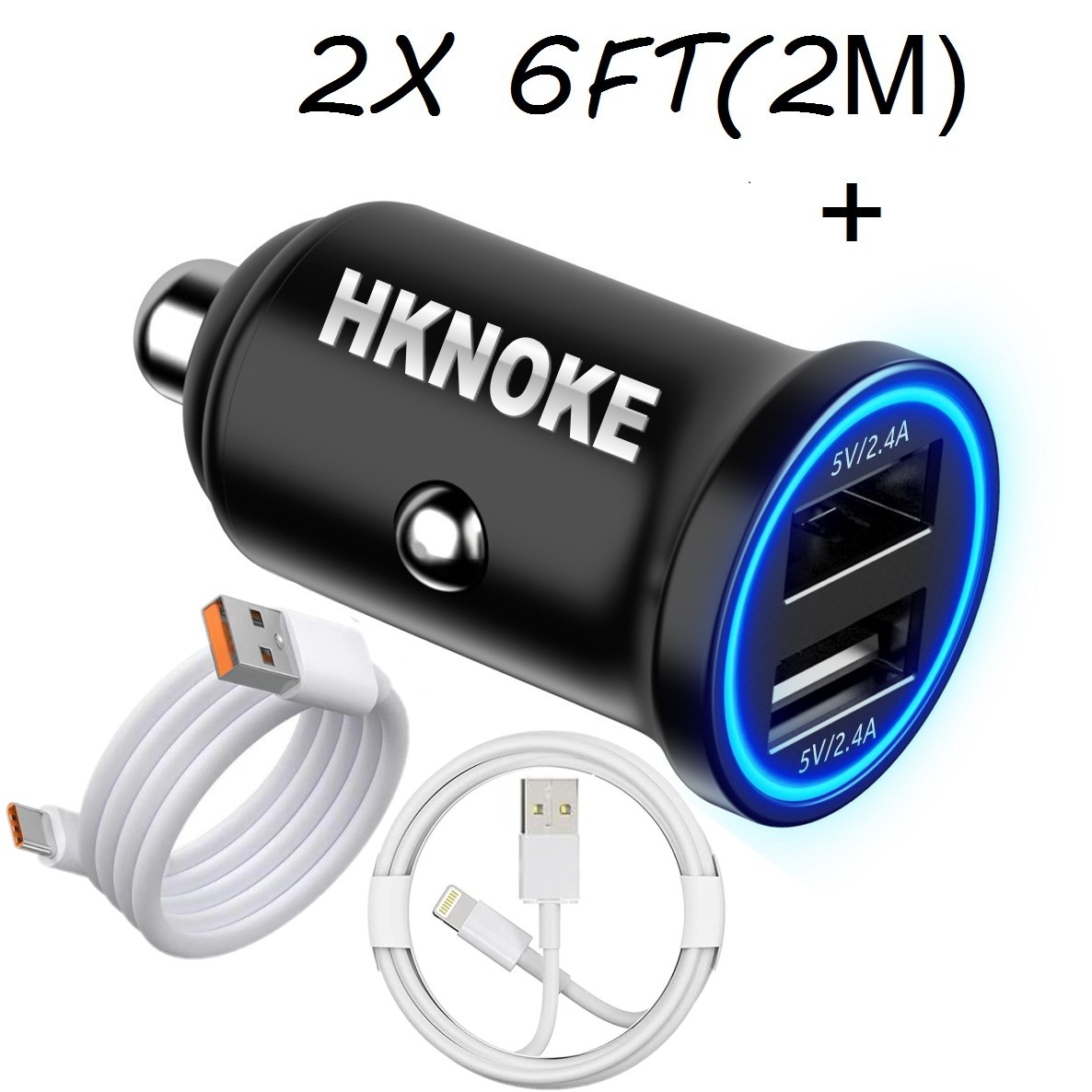 Hknoke Full 4.8 Высококачественные автомобильные зарядные устройства Сигарета REAL быстрая адаптер -адаптер автомобиля с 2 м 6 -футовым кабелем для Android Phone iPhone