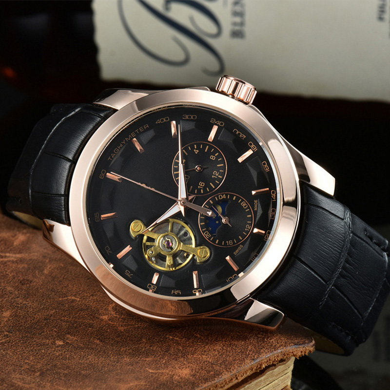 Montre mécanique automatique pour hommes de marque de luxe haut de gamme loisirs d'affaires chronométrage multifonction soleil lune étoiles montres en cuir tourbillon