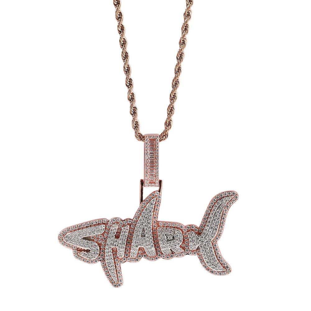 Hip Hop Shark Letters Pendant Necklace Jewelry for Women Men Real Gold Plated TopBling Zircon