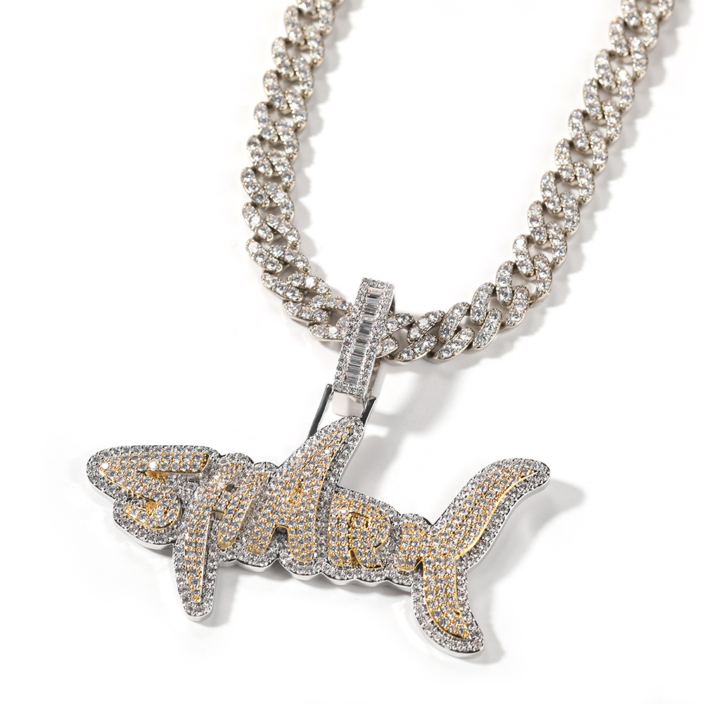 Hip Hop requin lettres pendentif collier bijoux pour femmes hommes véritable plaqué or TopBling Zircon