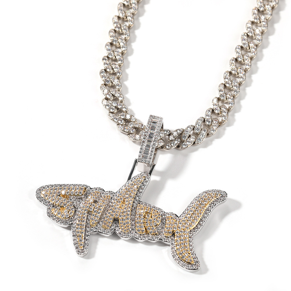 Hip Hop Shark Letters Pendant Necklace Jewelry for Women Men Real Gold Plated TopBling Zircon