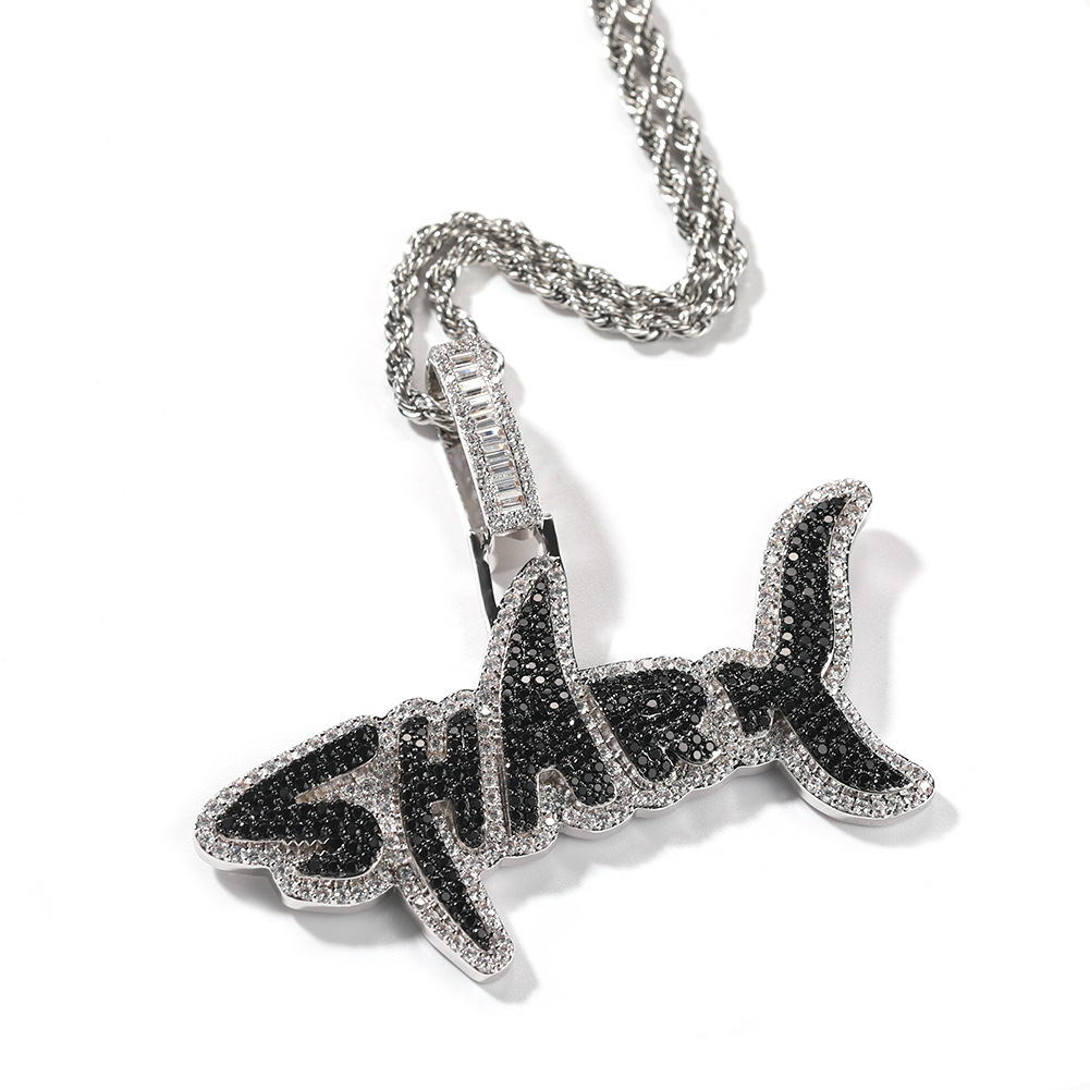 Hip Hop Shark Letters Pendant Necklace Jewelry for Women Men Real Gold Plated TopBling Zircon