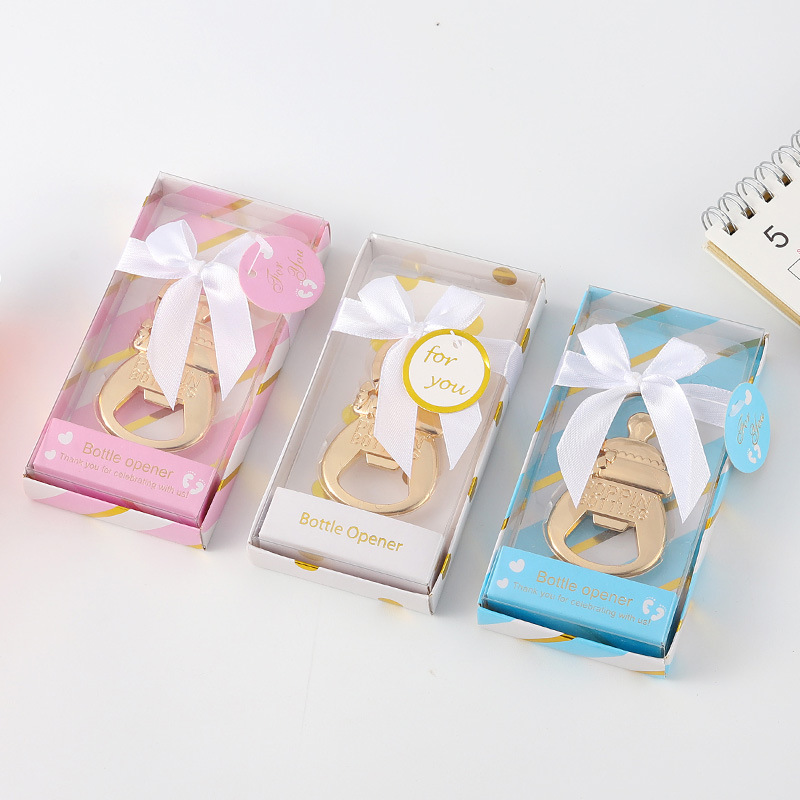 Wholesales Wedding Party Return Presents New Creative Feeding-bottle Design Gold Bottle Opener Keychain in Gift Box Baby Shower Favors