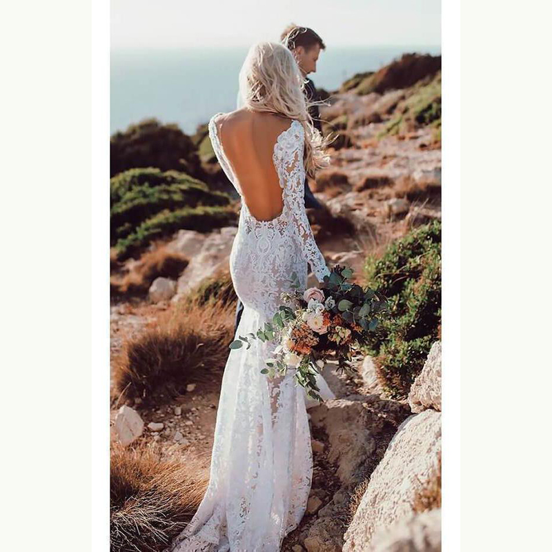 Exquisite New Mermaid Lace Long Sleeve Bridal Wedding Dresses Open Back Illusion Neckline Wedding Gowns for Bride Appliqued