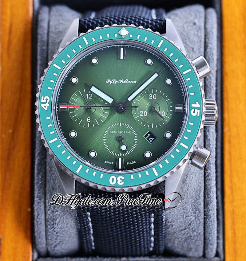 Fifty Fathoms Bathyscaphe A1735 자동 크로노 그래프 남성 시계 TWF 플라이 백 스틸 케이스 녹색 다이얼 Nylon Strap with White Line Super Edition Puretime B2