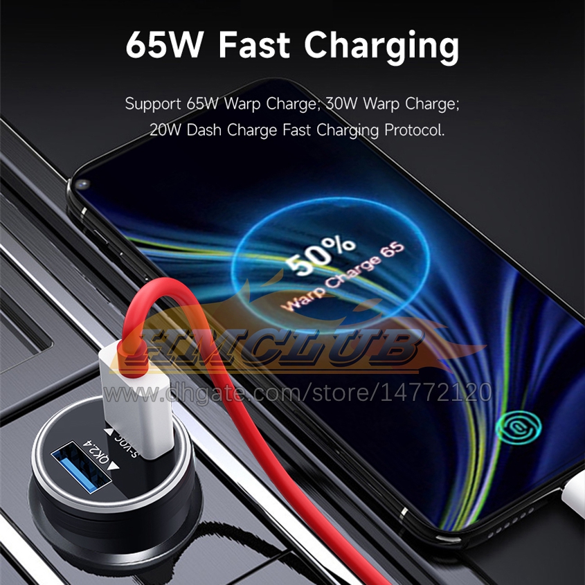 Charge de voiture Oneplus 65W Warp Charge 30W Chargeur de téléphone USB de voiture rapide pour Onep lus 9R 10 Pro 8 7 6 5 9RT 9 Nord N10 N100 Samsung Dash Charging Automotive Electronics Free ship