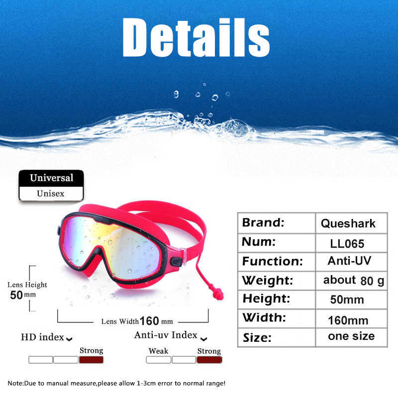 Gogle Regulowane dorosłe gogle pływające przeciw fog nurkowe okulary UV Ochrona UV Sile Big Rame Swim Glasses z zatyczek do uszu L221028