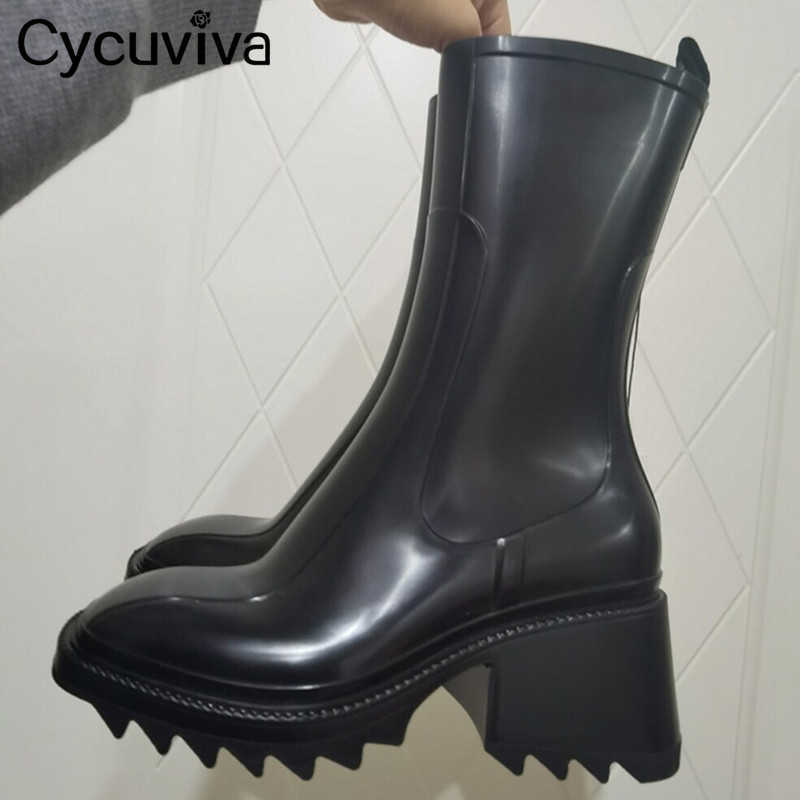 부츠 Cycuviva Chunky Heel Rain for Women 두꺼운 단독 플랫폼 발목 디자이너 Chelsea Ladies Rubber Boot Shoes T221028
