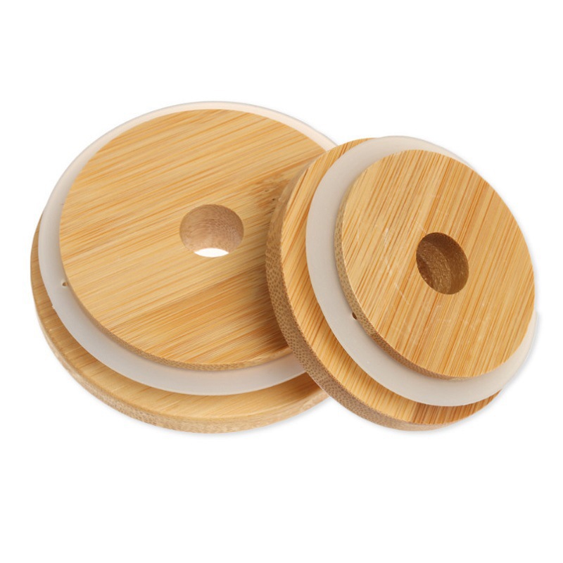 Natural Bamboo Cap Lids Reusable Wooden Mason Jar Lid Sealing Caps With Straw Hole And Silicone Seal DH98