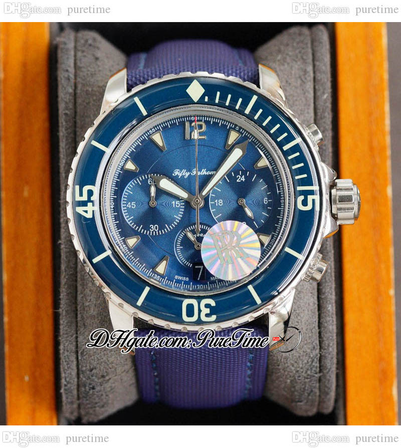 RF Fifty Fathoms 5085 Quarz-Chronograph Herrenuhr Roségold Blau strukturiertes Zifferblatt Nylonarmband Stoppuhr Uhren Puretime B2