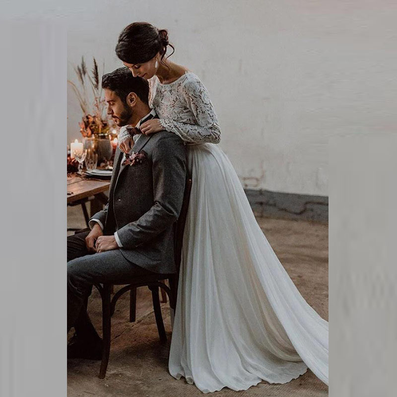 Modern Sexy Two Pieces Lace Long Sleeve Bridal Wedding Gowns Back Out Bateau Neck Wedding Dresses for Bride Boho On Sale