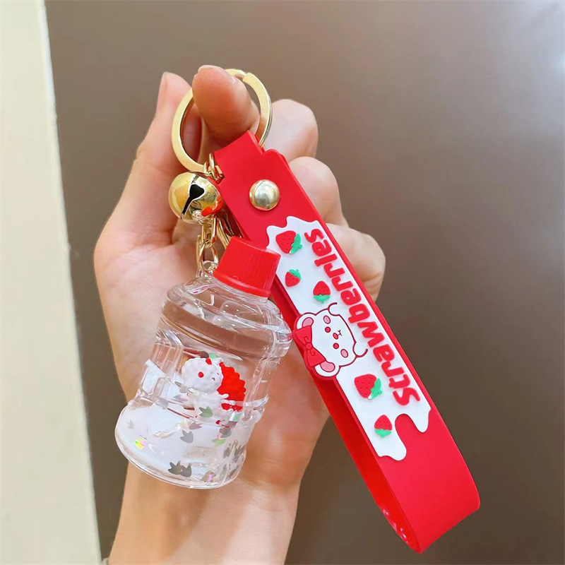 Creative Christmas Pendant Strawberry Bear Milk Tea Cup Liquid Key Chain Cute Quicksand Oil Floating Lamb Doll Bag Car Keychain