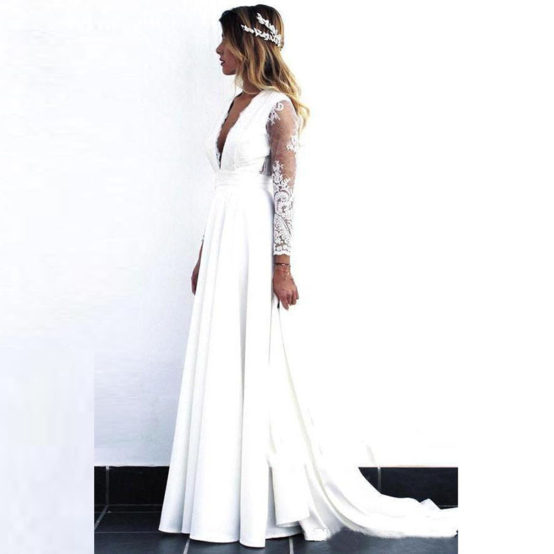 卸売魅力的な白い長袖ブライダルウェディングガウンレースディープvネックラインウェディングドレス花嫁のためのウェディングドレス