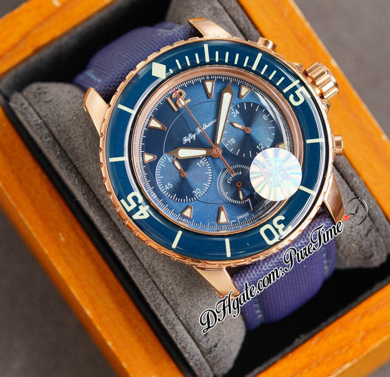 RF Fifty Fathoms 5085 Quarz-Chronograph Herrenuhr Roségold Blau strukturiertes Zifferblatt Nylonarmband Stoppuhr Uhren Puretime B2