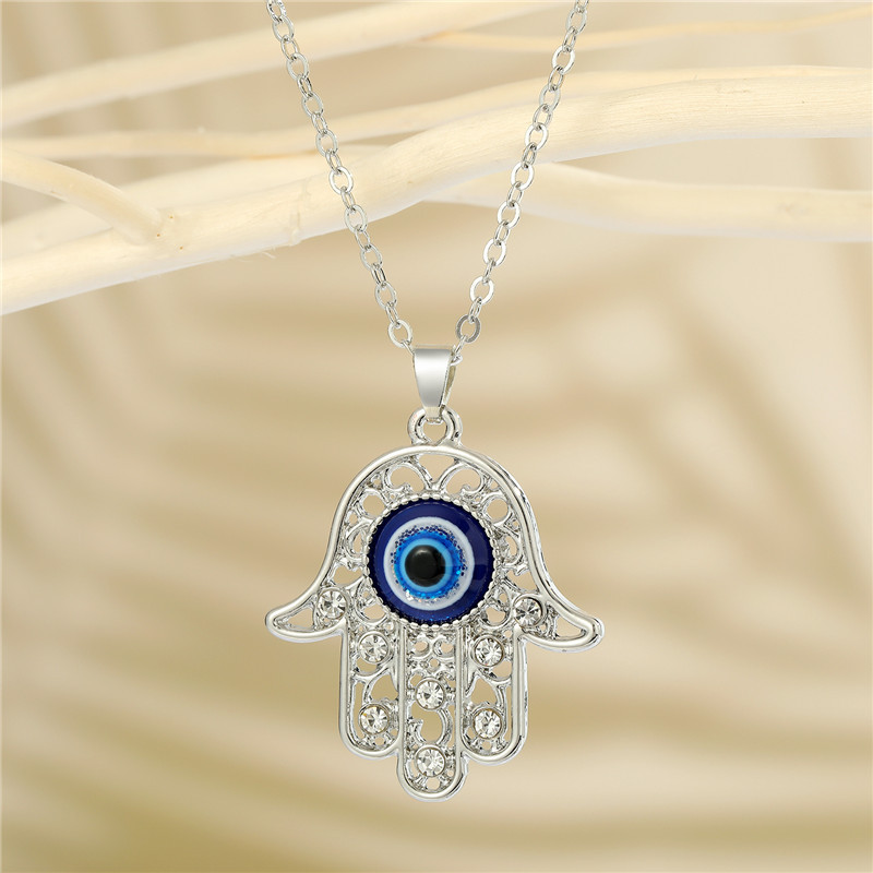 Collier main en cristal Hamsa mauvais œil pour femmes, cœur rond, œil bleu turc, pull, chaîne de clavicule, bijoux