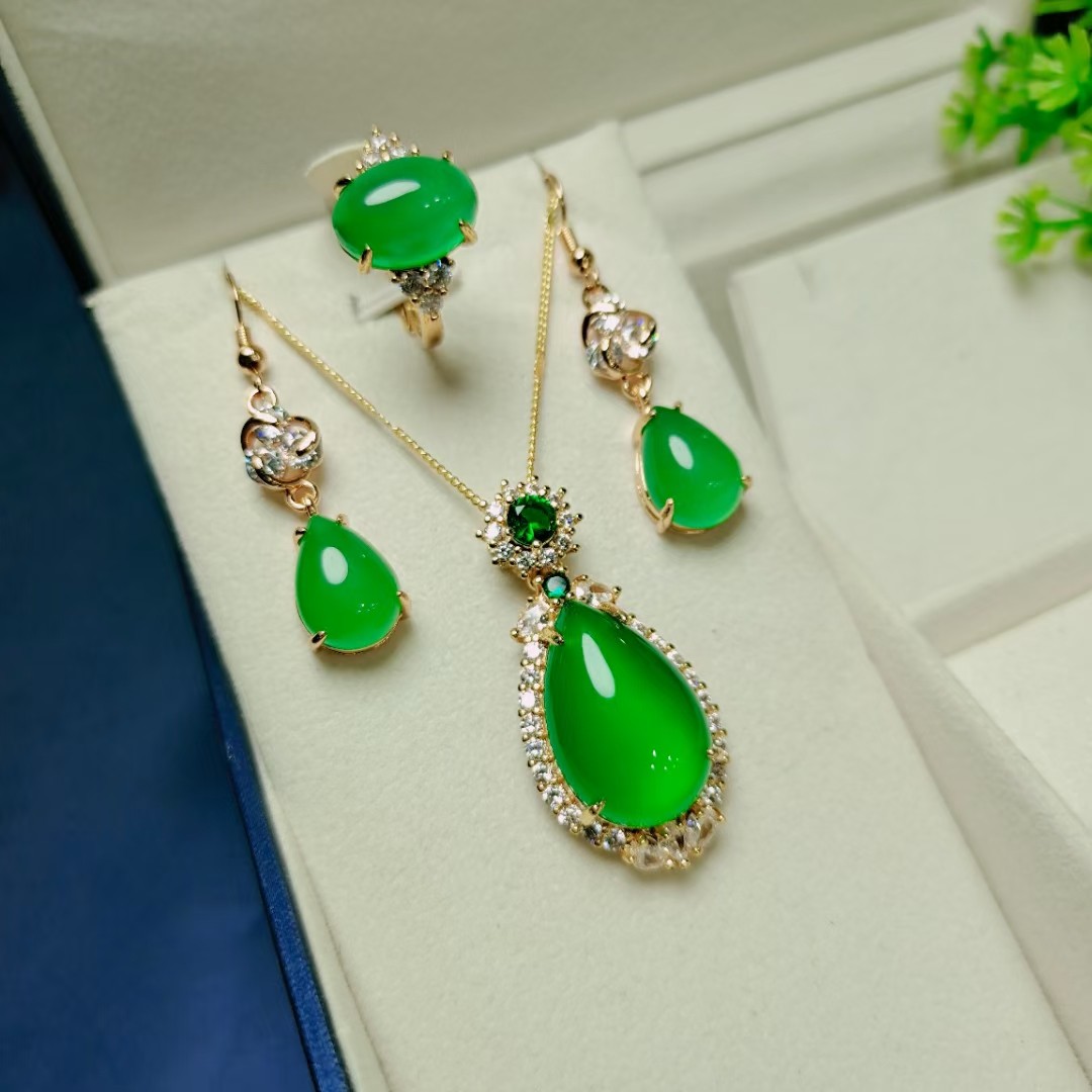 Natural Green Jade 925 Silver Inlay Emerald Zircon Dangle Water Drop Pendant Necklace Earring Rings Women Jewelry Set