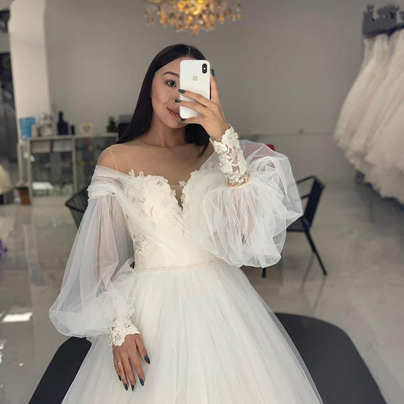 Eightale Wedding Dress Puffy Sleeves O-Neck Appliques Lace Wedding Gowns Boho Plus Size Bride Dresses vestido de noivas