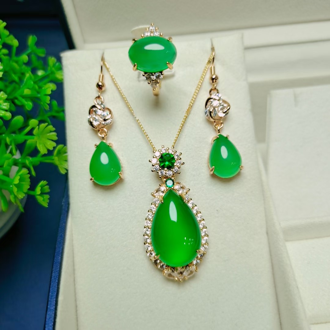자연 녹색 제이드 925은 상감 에메랄드 지르콘 수달 워터 드롭 펜던트 목걸이 귀걸이 반지 여성 보석 세트