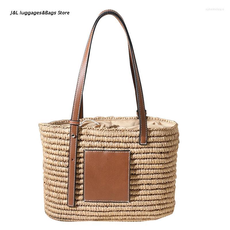 Borse la spesa Borsa da donna in paglia intrecciata da spiaggia estiva con manico regolabile in ecopelle Borsa a spalla singola grande con coulisse231v