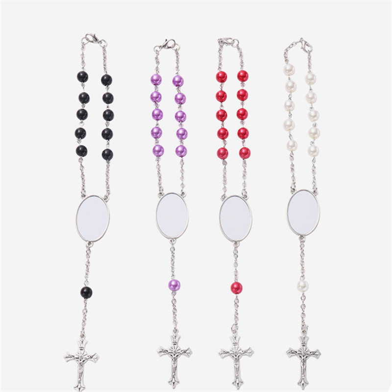 DIY sublimation blank charm silver cross bracelets mens bracelet for woman alloy oval red purple black white beaded bracelet Jewelry Souvenir Family Christmas Gift