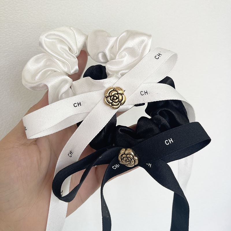 2022 C-Letter Vintage Style Women Hair Rubber Bands Luxury Elastic HairRope Bowknot Ponytail Holder Hair Accessories Jewelry Black White Colors