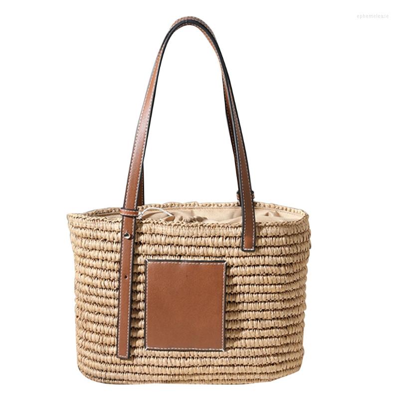 Borse la spesa Borsa da donna in paglia intrecciata da spiaggia estiva con manico regolabile in ecopelle Borsa a spalla singola grande con coulisse231v