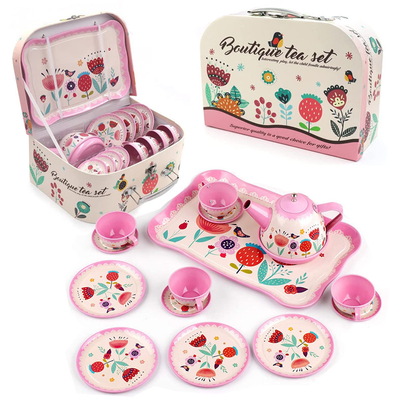 Play Food Toys Kids Tea Set 15Pcs Pink Tin Party Afternoon Time Playset Metal Teapots Cups Dishes Princess Kit with Carry Case