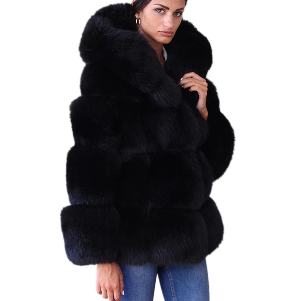 Femmes Élégant Noir Faux Manteau De Fourrure De Renard À Capuche Femme Épais Chaud Fluffy Veste De Fourrure Artificielle