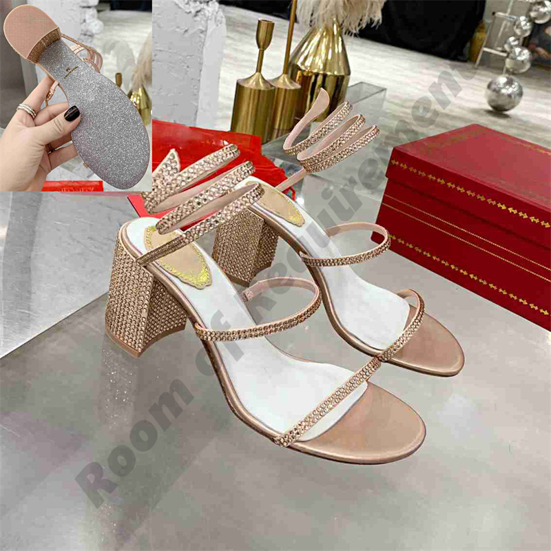 2022 Sandals Snake Twining Salto grossa elegante Sand￡lia 4cm 7cm Stiletto High Heel Rene Caovilla Crystal Gold Rhinestone Sapatos Soas de prata Bombas de ver￣o Mulheres bombas de ver￣o